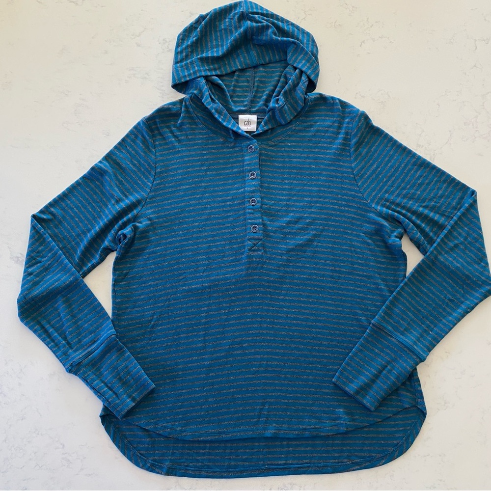 CAbi Riff blue & gray knit striped hoodie Sz L (b5)